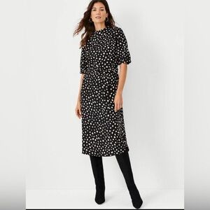 Ann Taylor Black Polka Dot Mock Neck Midi Dress Belted Short Sleeve Women's 16